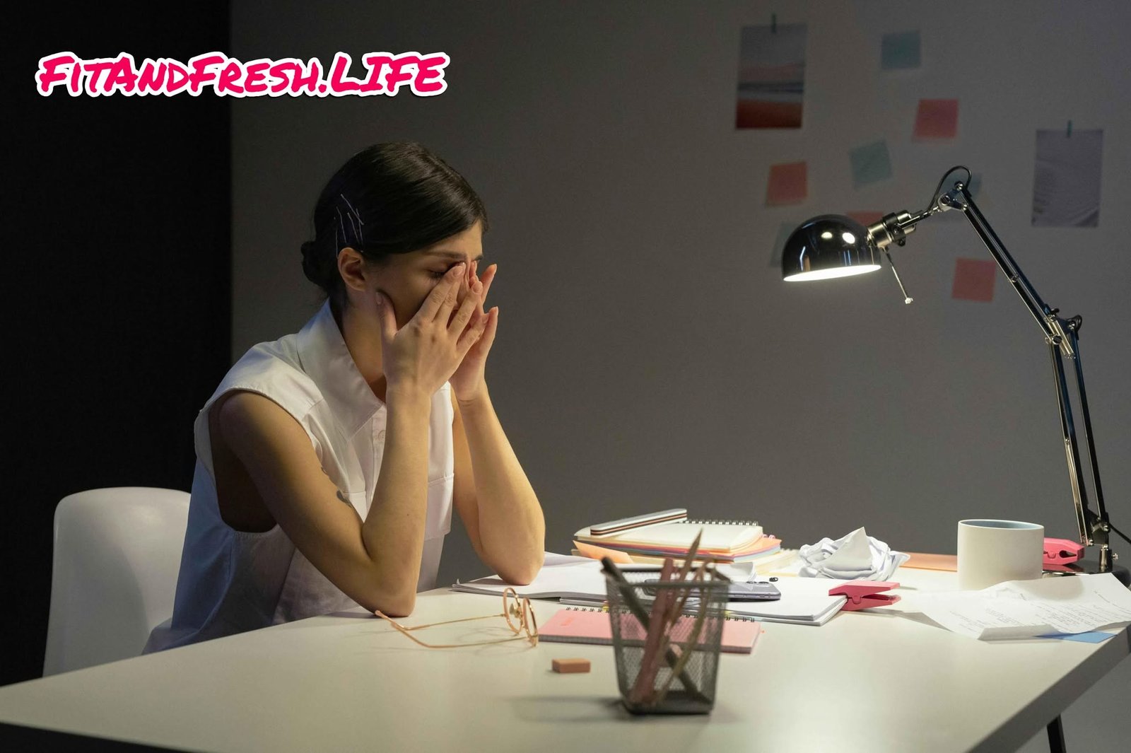 A girl sit's in front of laptop with alot of headache